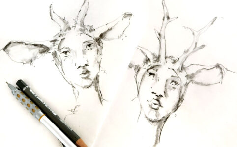 toni burt graphite hand drawn sketches of girls with ears and horns mystical fantasy practice sketches